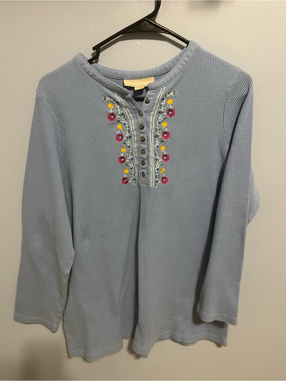 Woman Within Dusty Blue Embroidered Henley Long Sleeve Top